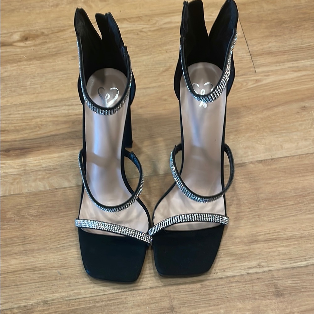 Elegant Black Strappy Heels with Silver Accents